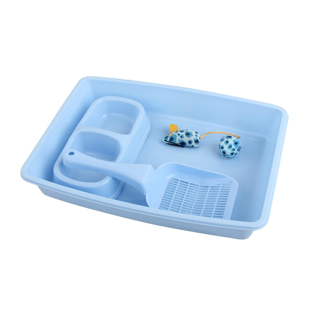 Cat Litter Box Set with Litter Scoop, Double Dish Cat Bowl, Mouse and Ball Toy A19687