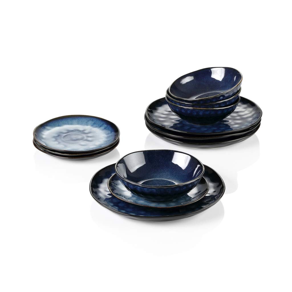 Blue 12-Piece Ceramic Stoneware Dinner Set V726