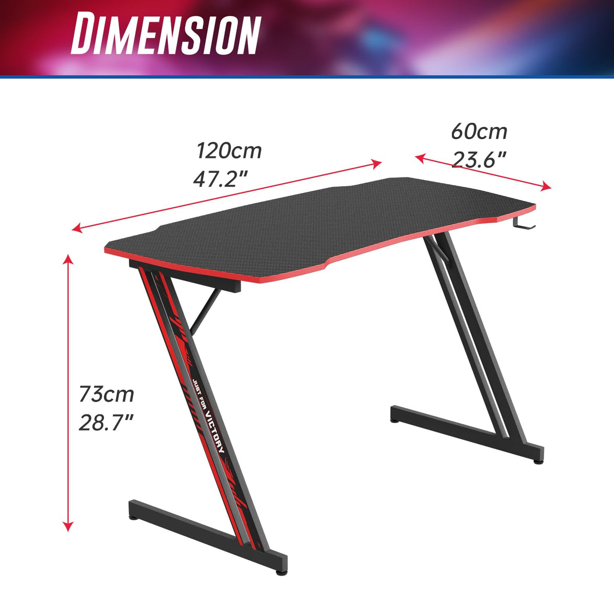 47.2 Inch Z Shaped Carbon Fiber Gaming Desk with Headphone Hook V3992