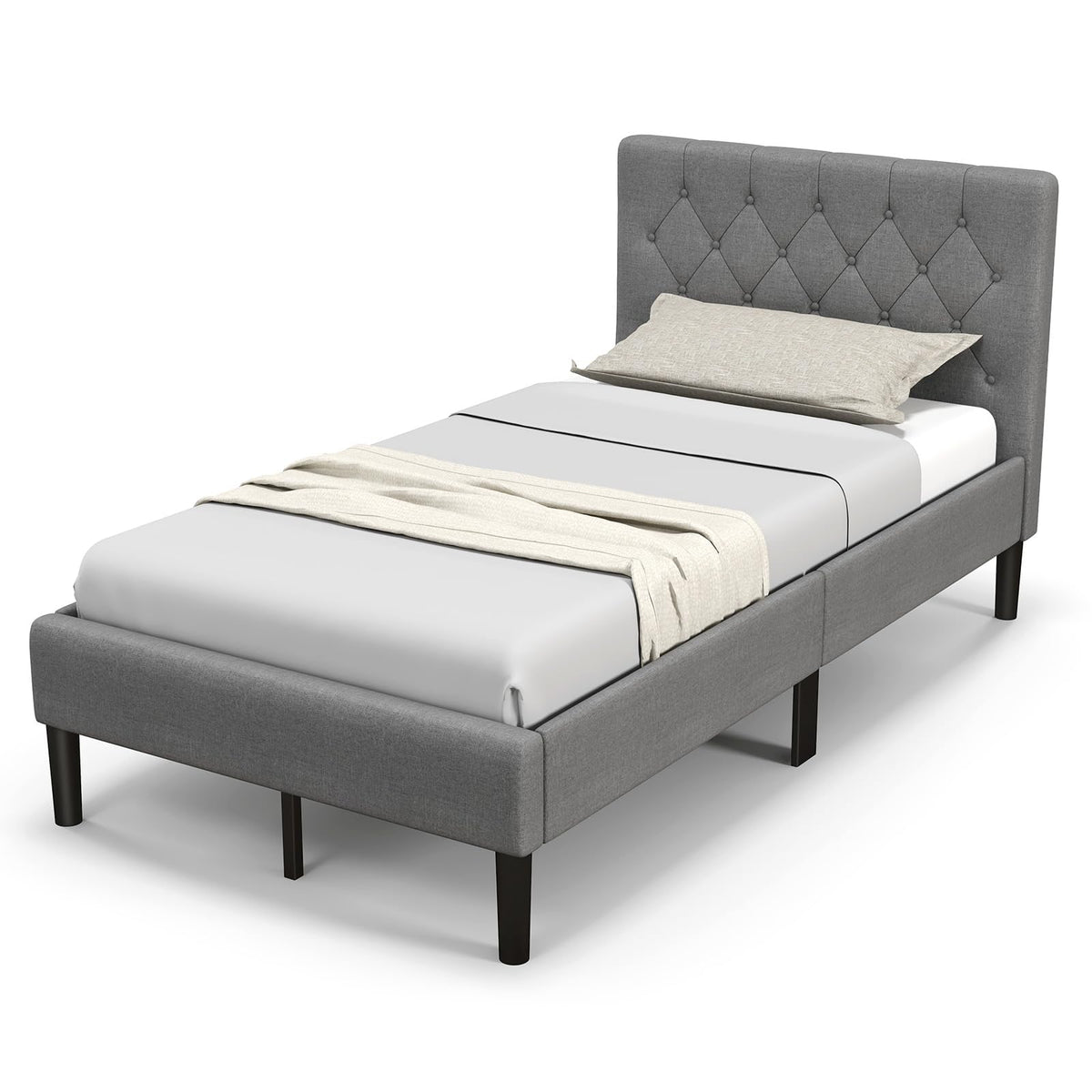 Grey Twin Upholstered Platform Bed with Headboard S181