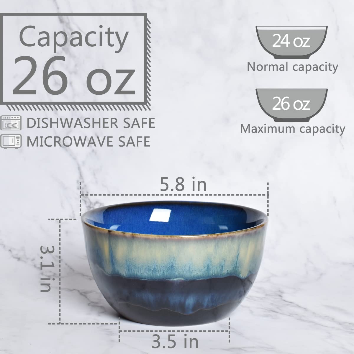 Blue Stoneware Cereal Bowls Set of 4, 26 Oz X1414