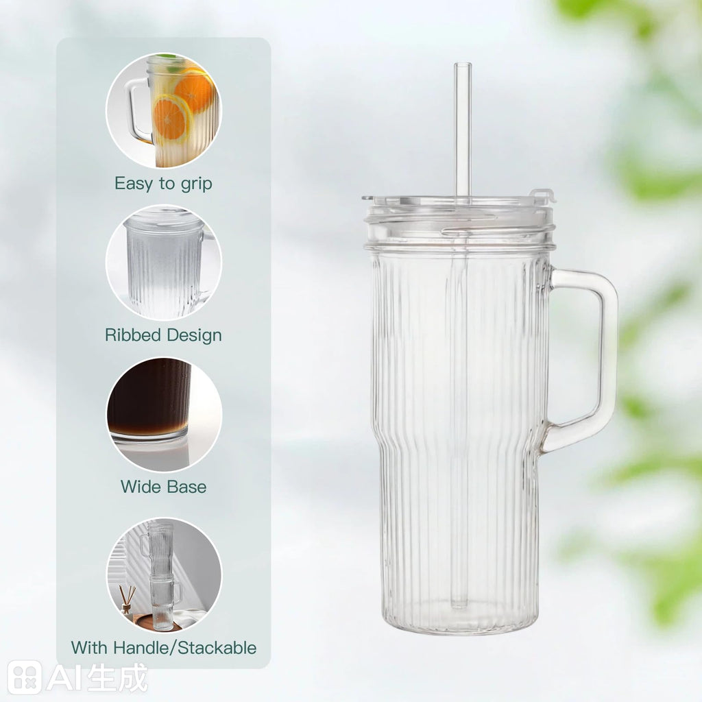 2-Pack 24oz Ribbed Glass Tumbler with Lids & Straws I33466