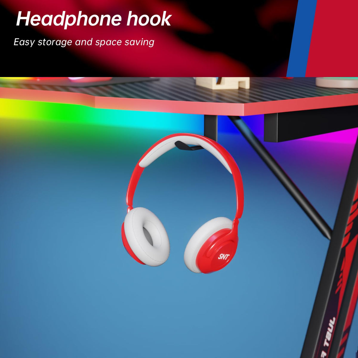47.2 Inch Z Shaped Carbon Fiber Gaming Desk with Headphone Hook V3992