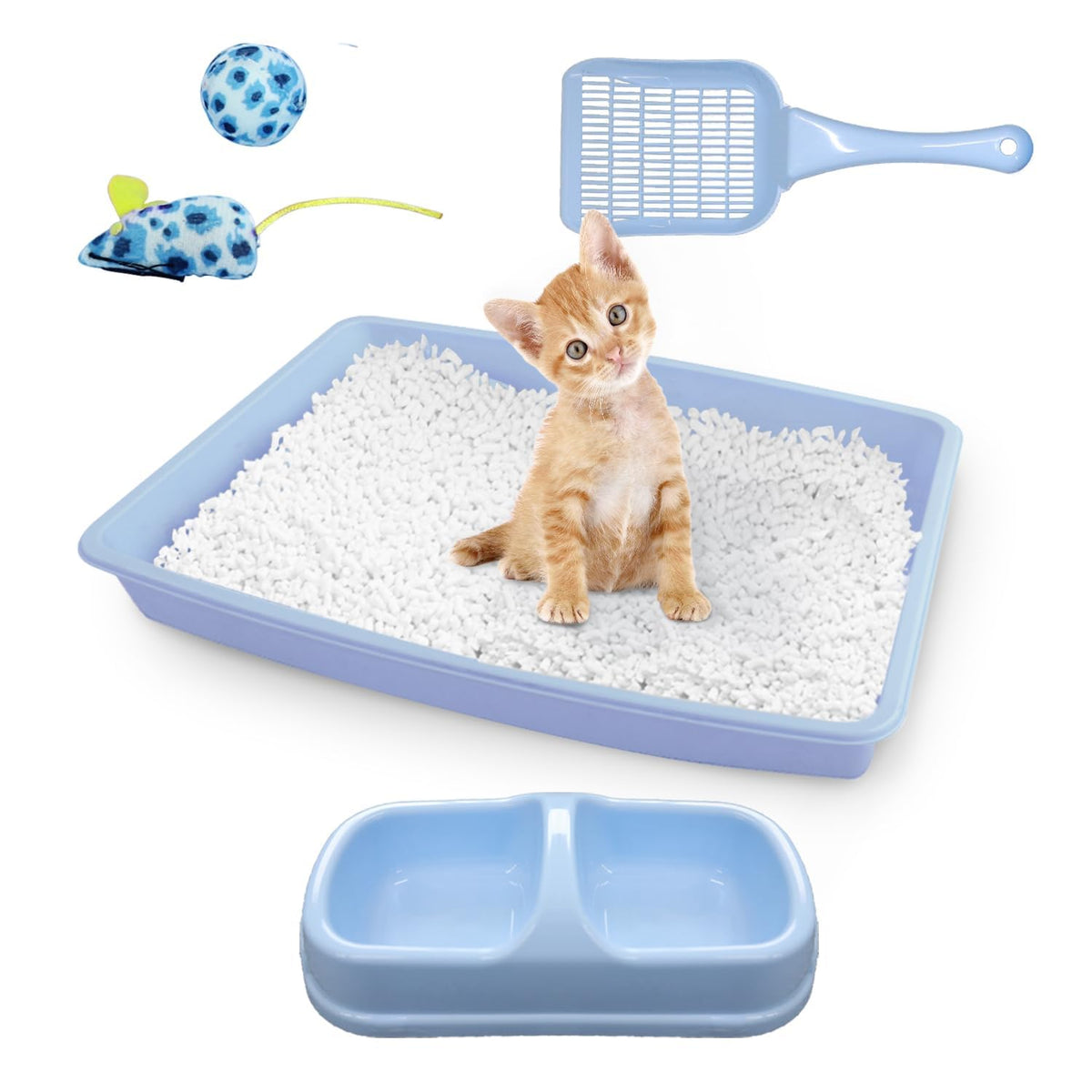 Cat Litter Box Set with Litter Scoop, Double Dish Cat Bowl, Mouse and Ball Toy A19687