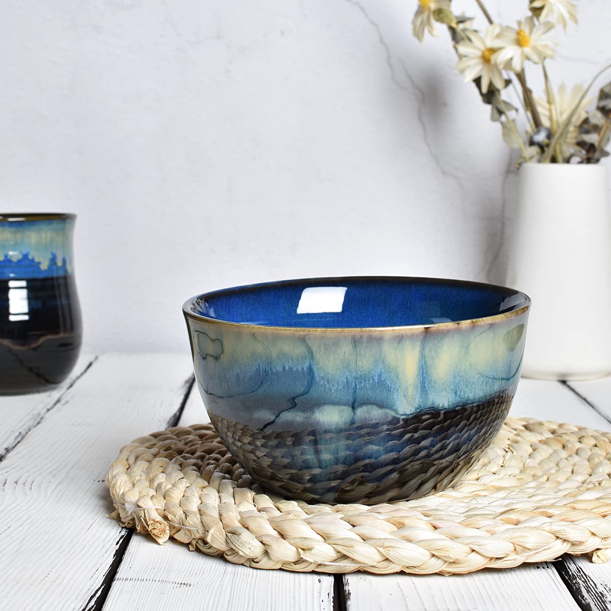 Blue Stoneware Cereal Bowls Set of 4, 26 Oz X1414
