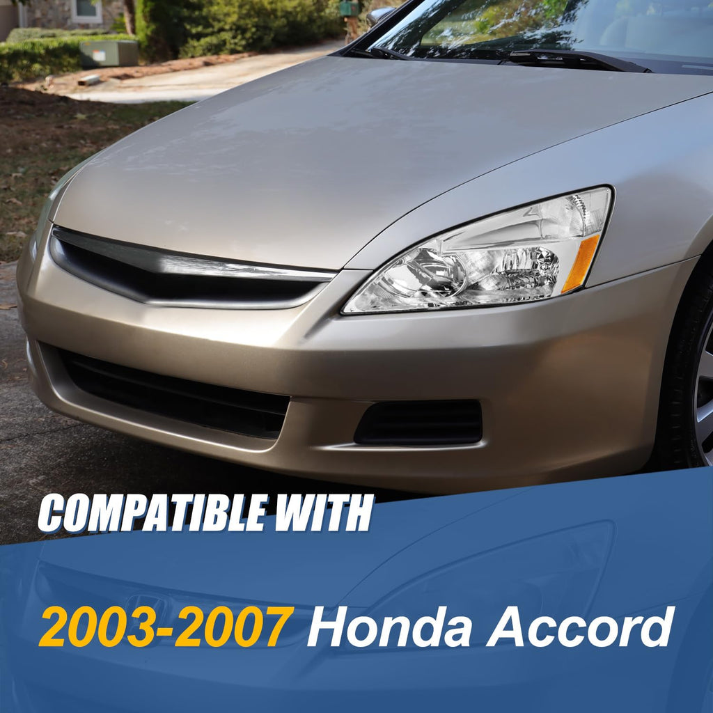 Headlights Assembly Compatible with 2003-2007 Honda Accord, Driver and Passenger Side Halogen Headlamps, Chrome Housing Amber Corner T3902