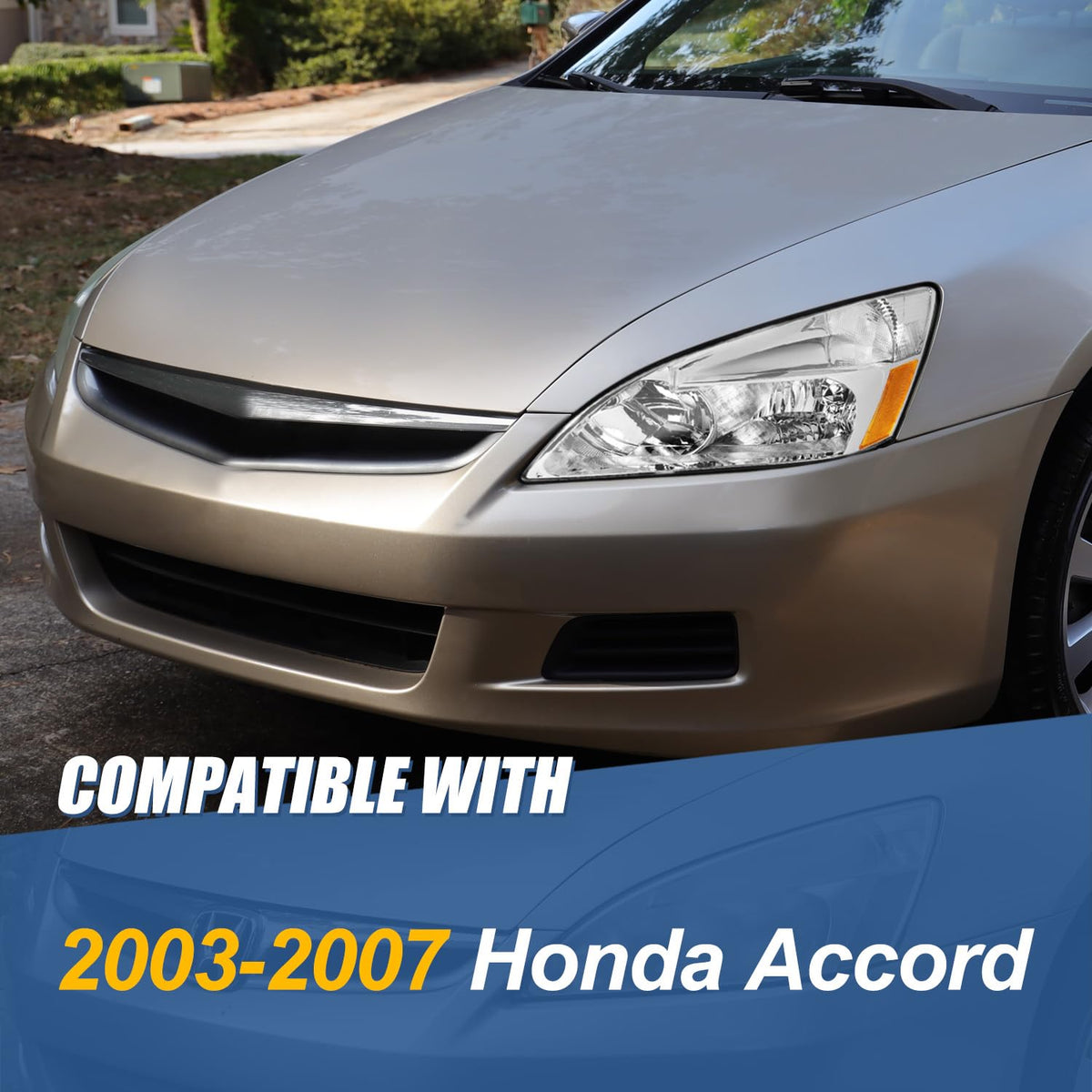 Headlights Assembly Compatible with 2003-2007 Honda Accord, Driver and Passenger Side Halogen Headlamps, Chrome Housing Amber Corner T3902