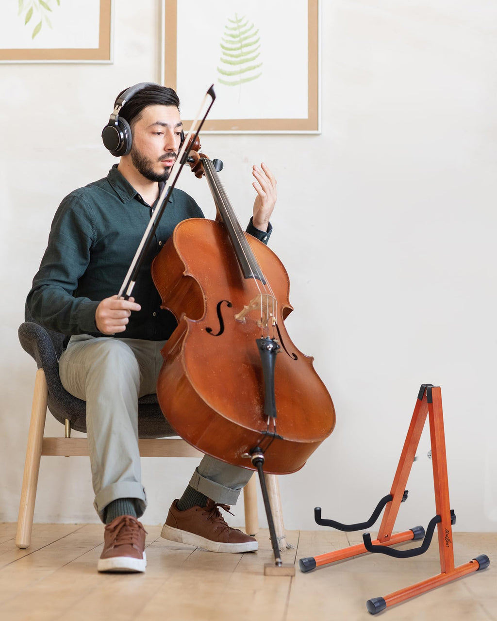 Mahogany Wood A-Shape Cello Stand with Bow Holder D29555