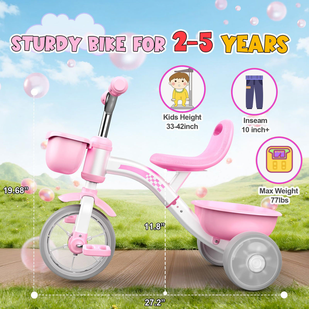 Pink Toddler Tricycle with Adjustable Seat and Light Wheels Q9887