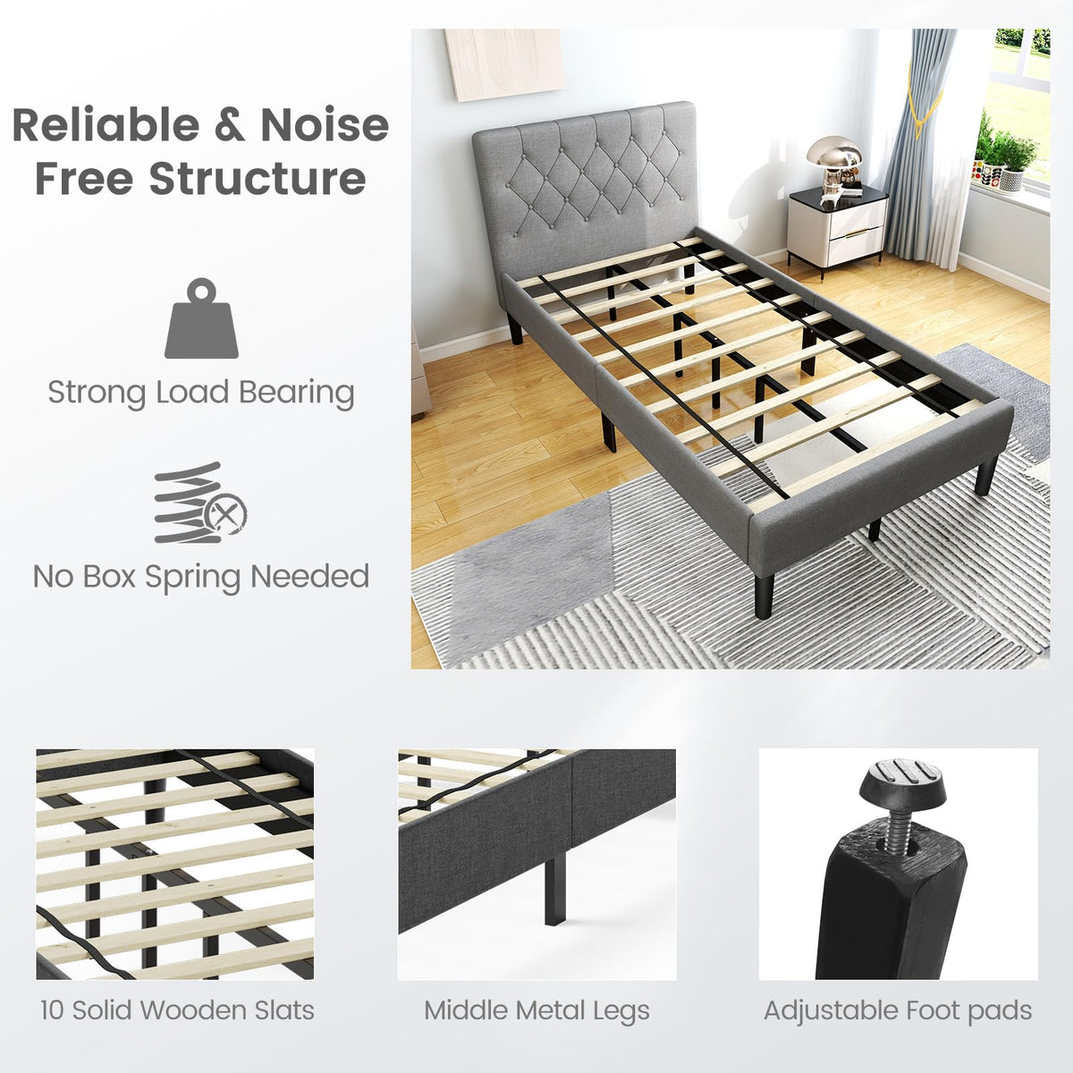 Grey Twin Upholstered Platform Bed with Headboard S181