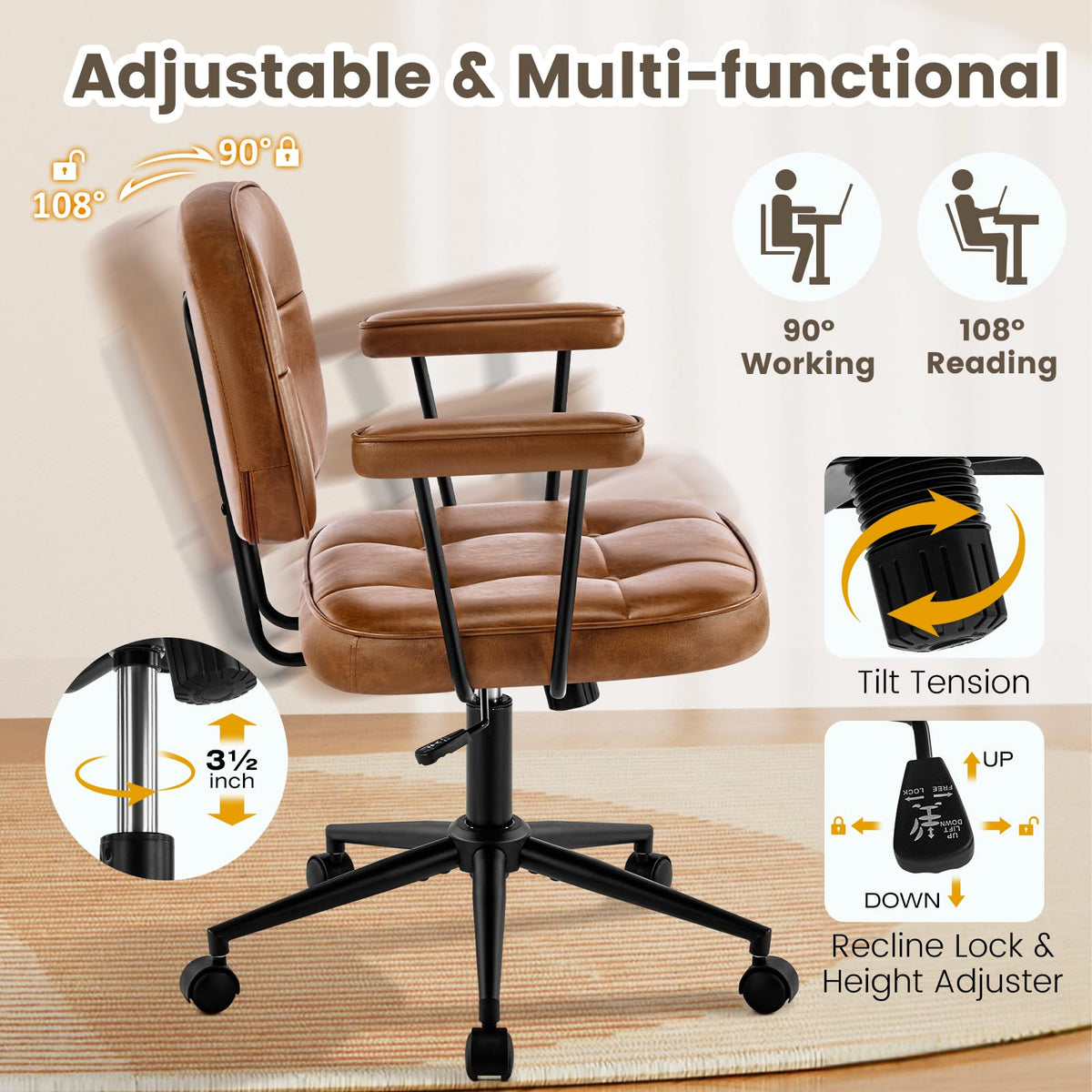 Brown Leather Office Chair with Wheels Q5719