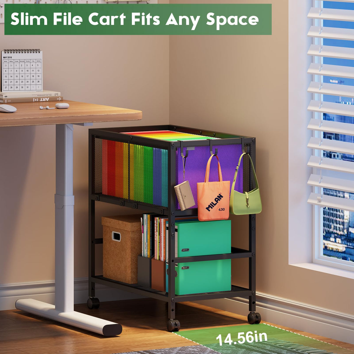 Black 2-Tier Rolling Metal File Cart with Storage Shelf M585799