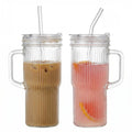 2-Pack 24oz Ribbed Glass Tumbler with Lids & Straws I33466