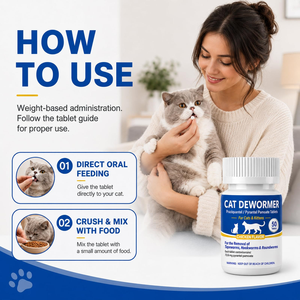 Cat Dewormer Tablets for Tapeworms, Roundworms and Hookworms V7324