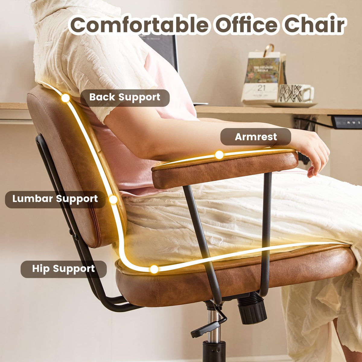 Brown Leather Office Chair with Wheels Q5719