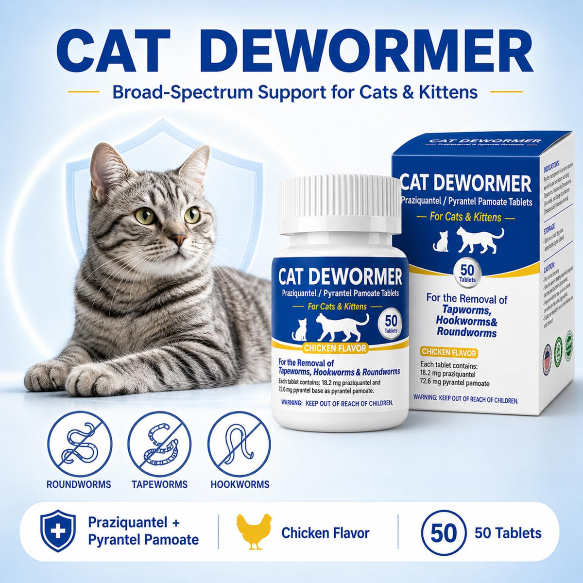 Cat Dewormer Tablets for Tapeworms, Roundworms and Hookworms V7324