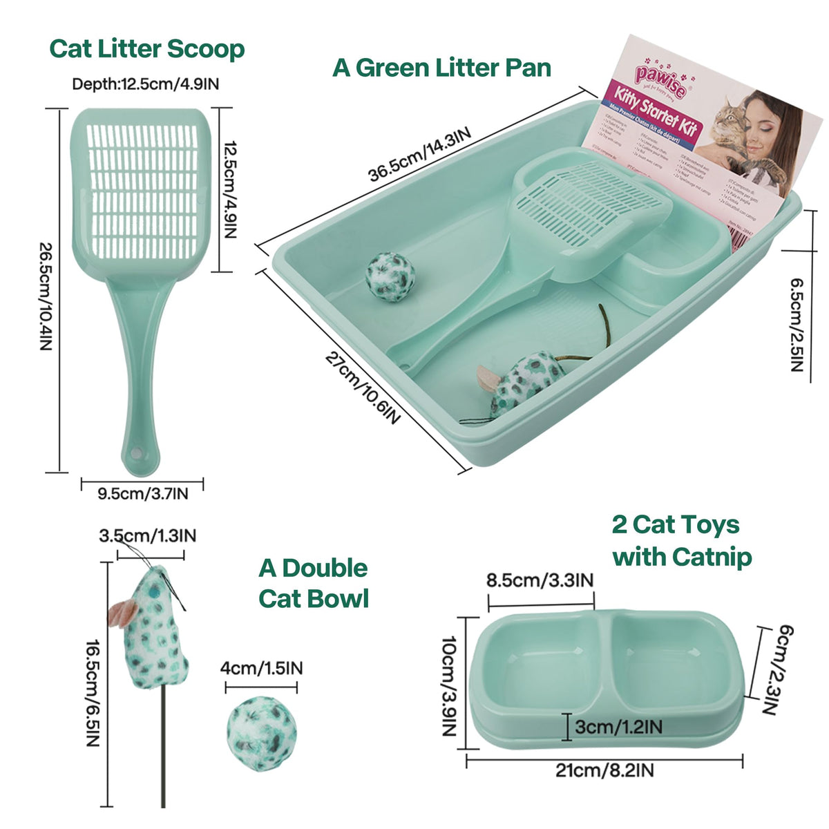 Small Cat Litter Box Starter Kit with Scoop, Bowls and Toys A432