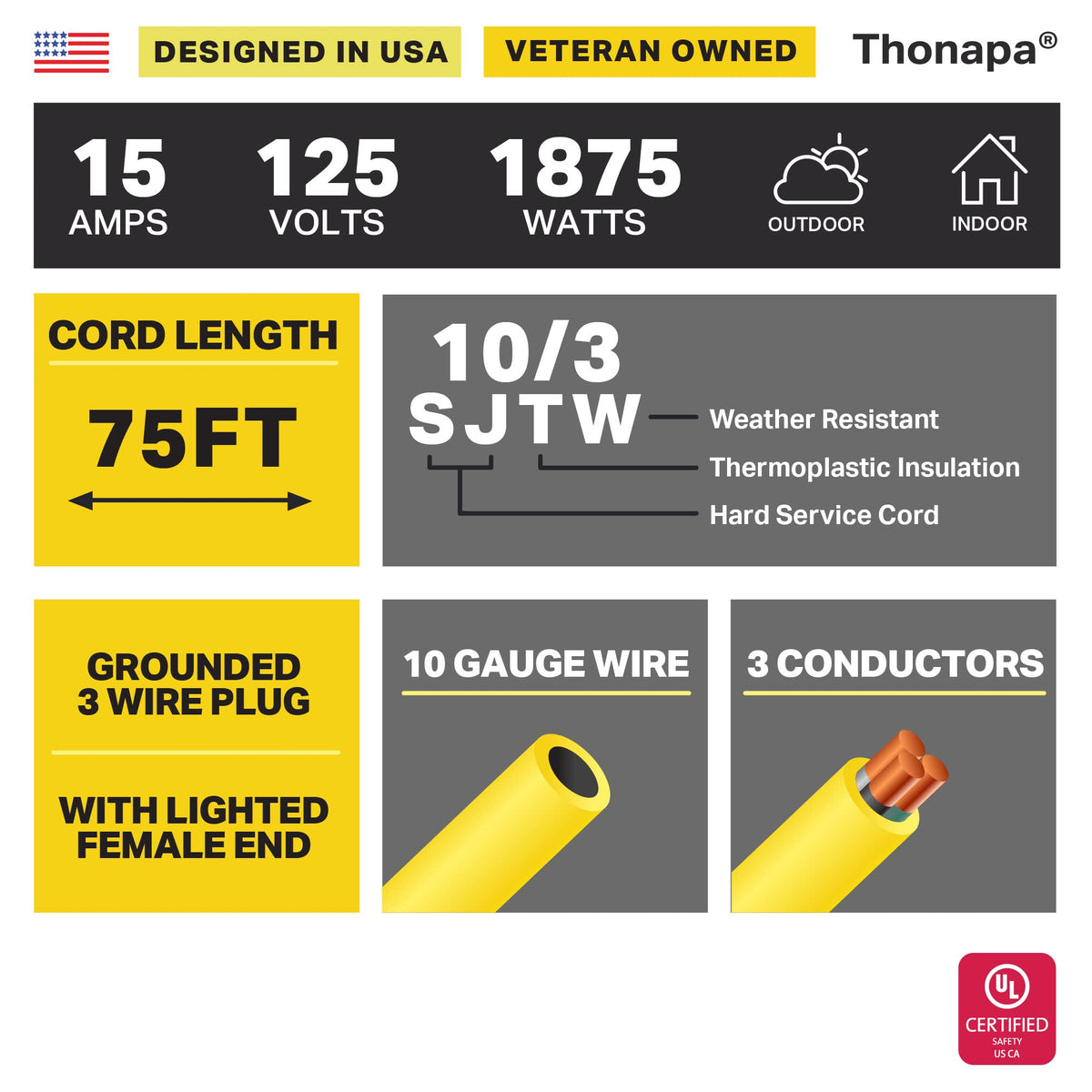 Black Oil Resistant 12 Gauge Extension Cord 100 ft and Yellow 10 Gauge Extension Cord 75 ft S865
