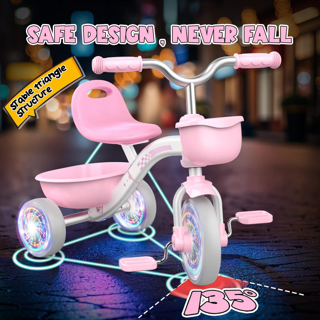 Pink Toddler Tricycle with Adjustable Seat and Light Wheels Q9887
