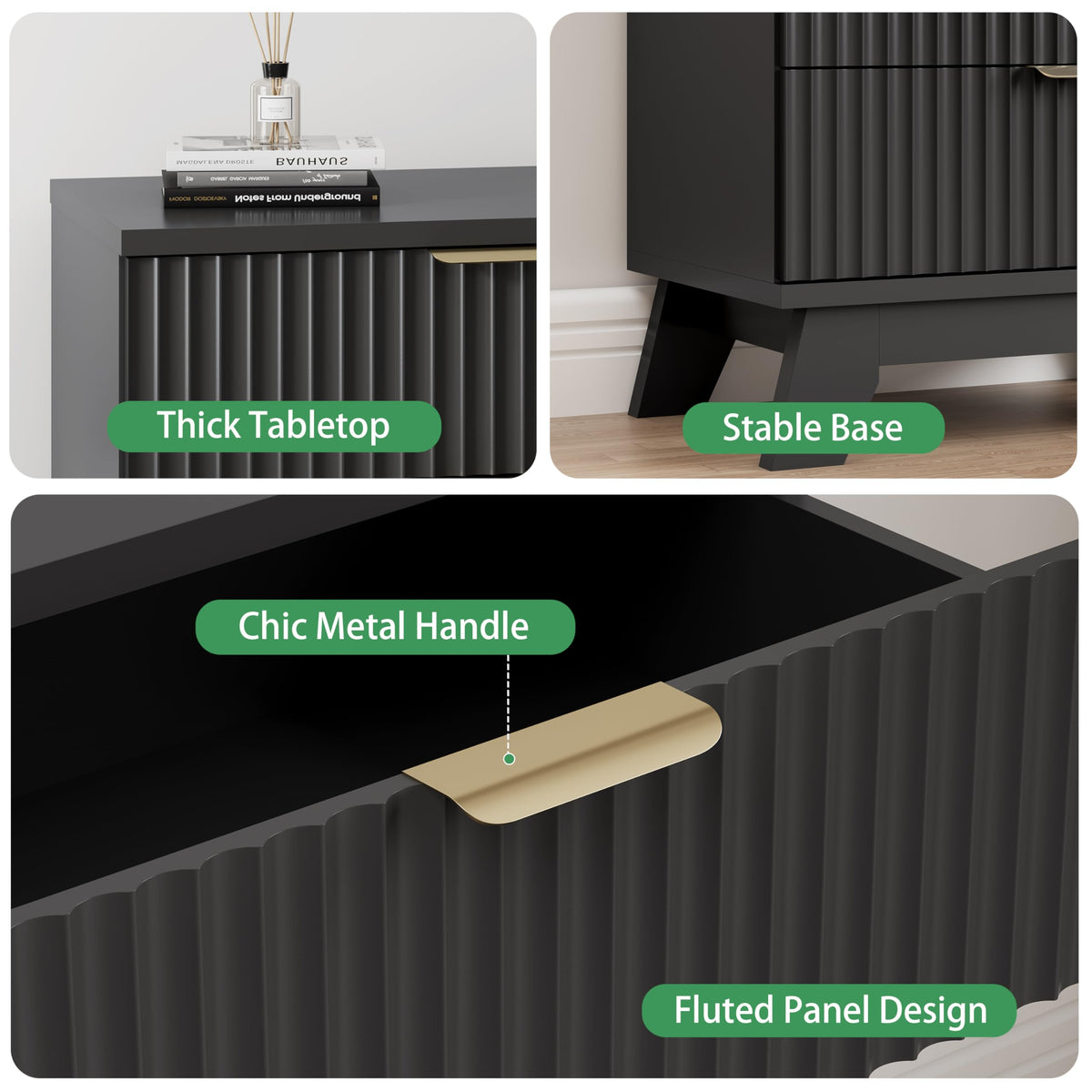 Black 3 Drawer Fluted Nightstand S354309