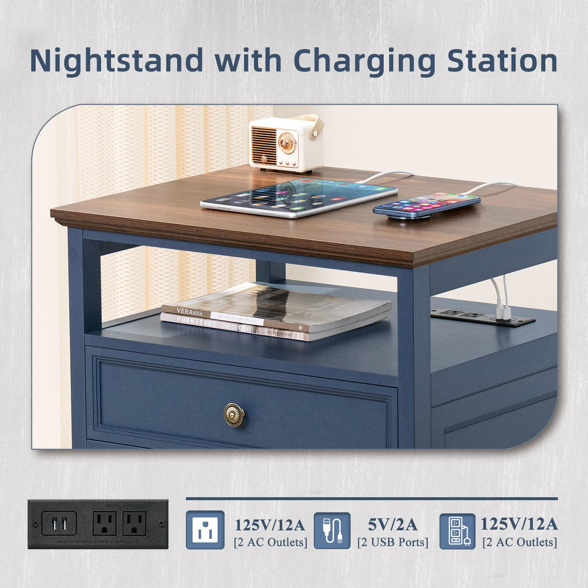 Blue 2 Drawer Wood Nightstand N77825