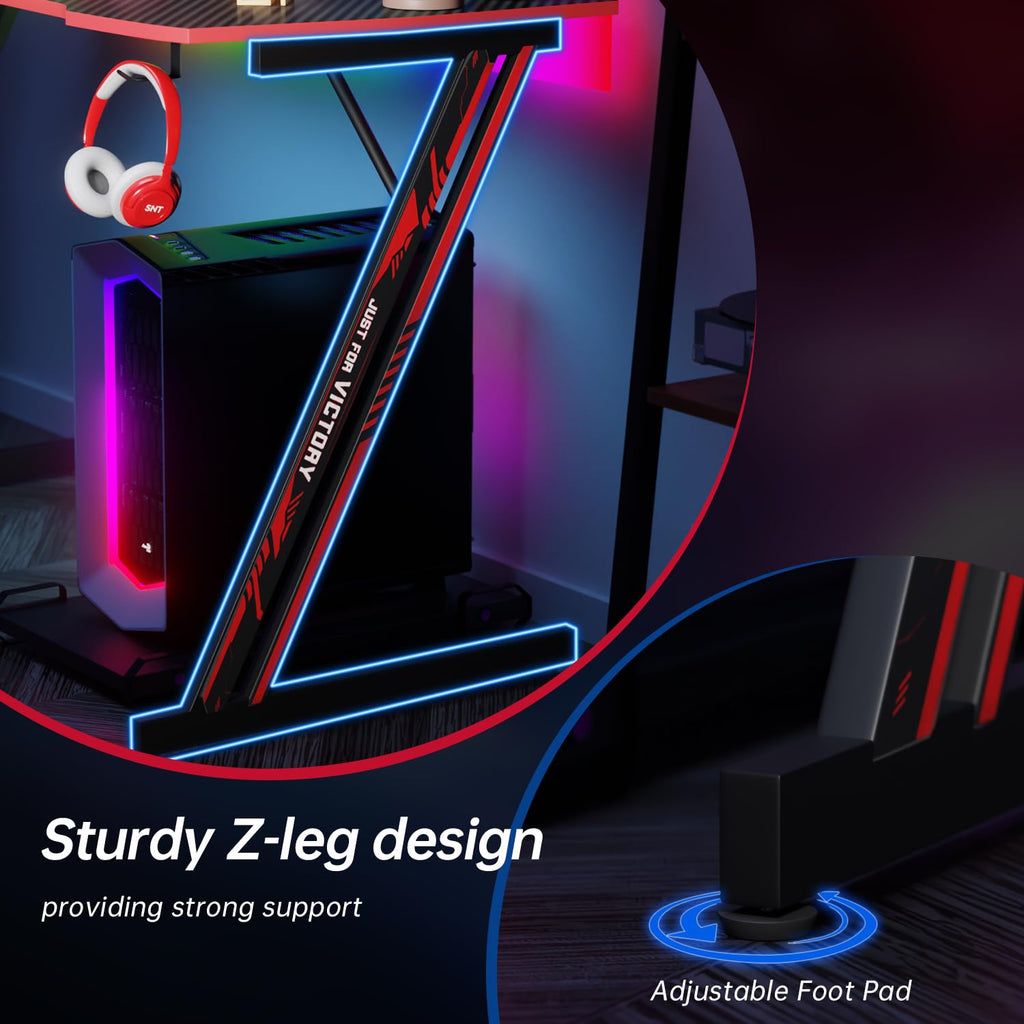47.2 Inch Z Shaped Carbon Fiber Gaming Desk with Headphone Hook V3992