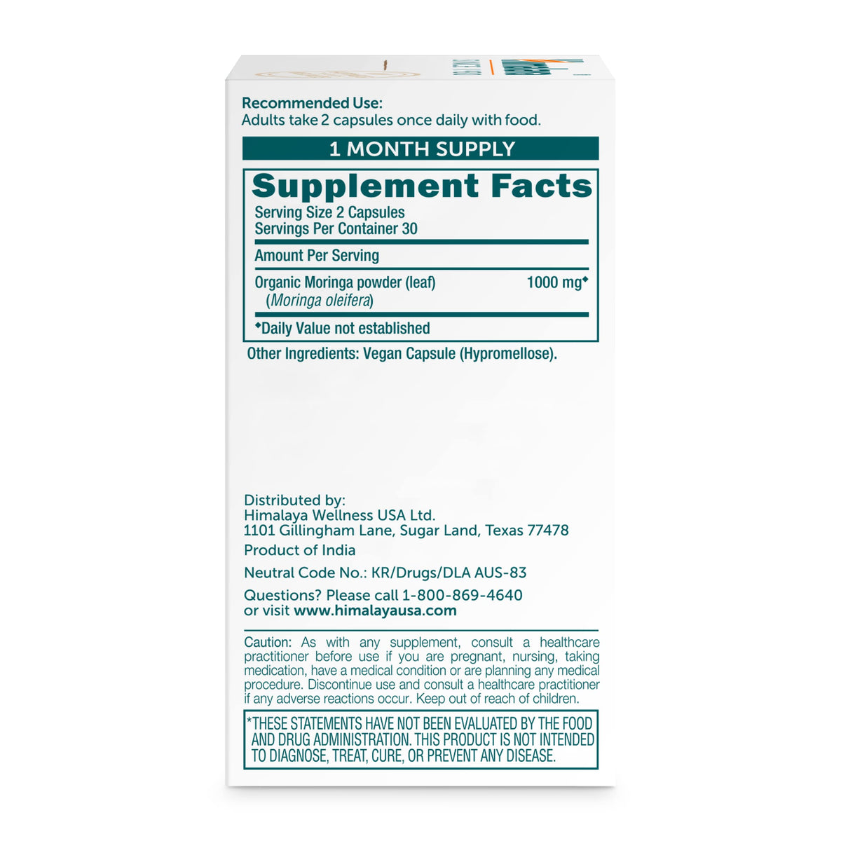 Organic Moringa 1000 mg 60 Capsules B769