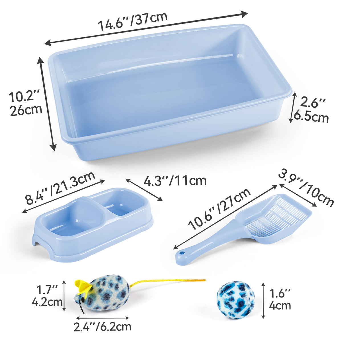Cat Litter Box Set with Litter Scoop, Double Dish Cat Bowl, Mouse and Ball Toy A19687