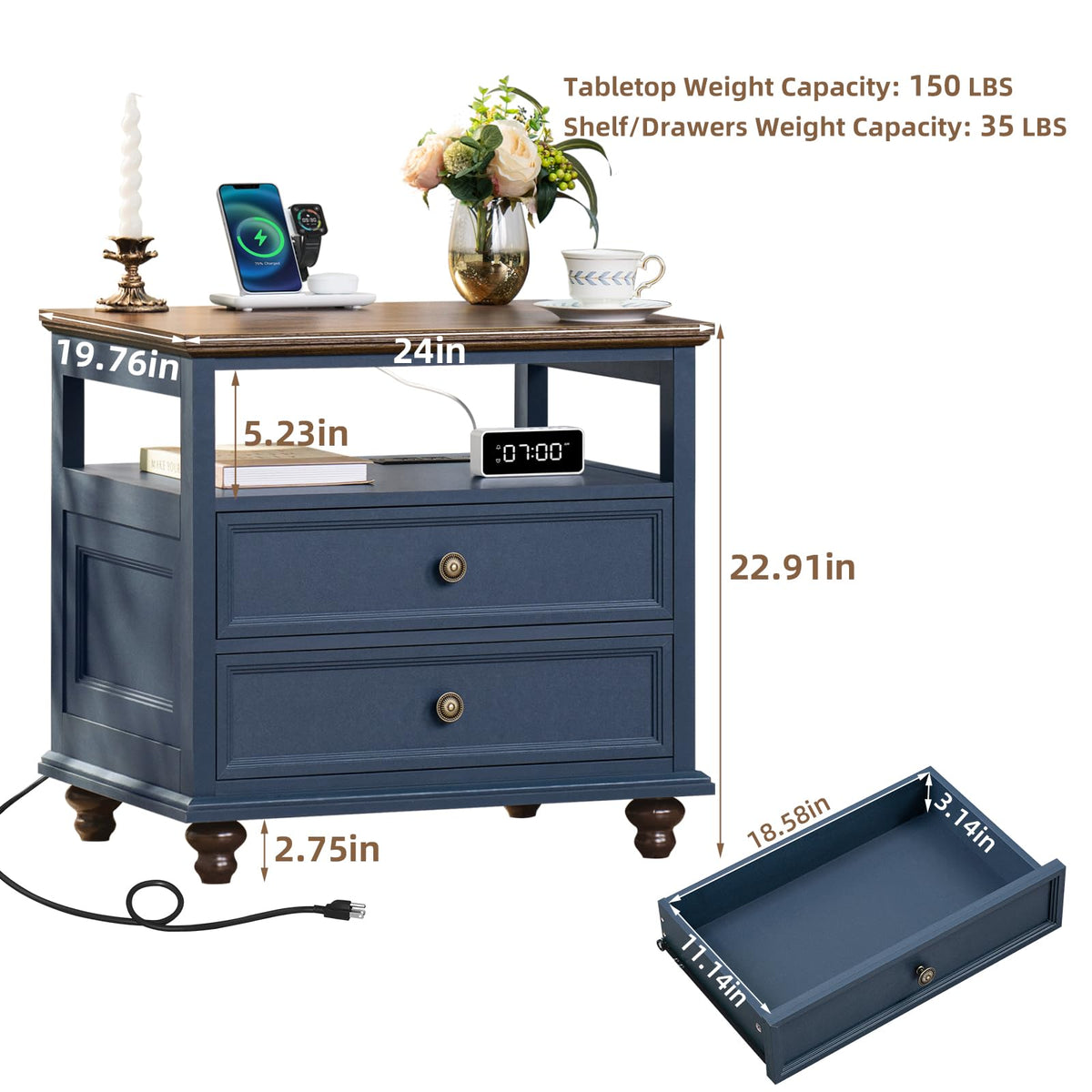 Blue 2 Drawer Wood Nightstand N77825