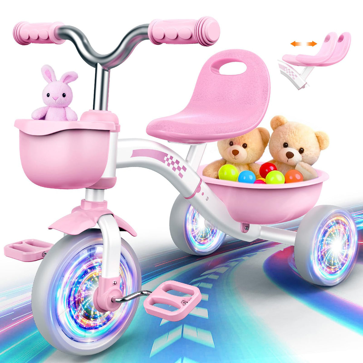Pink Toddler Tricycle with Adjustable Seat and Light Wheels Q9887