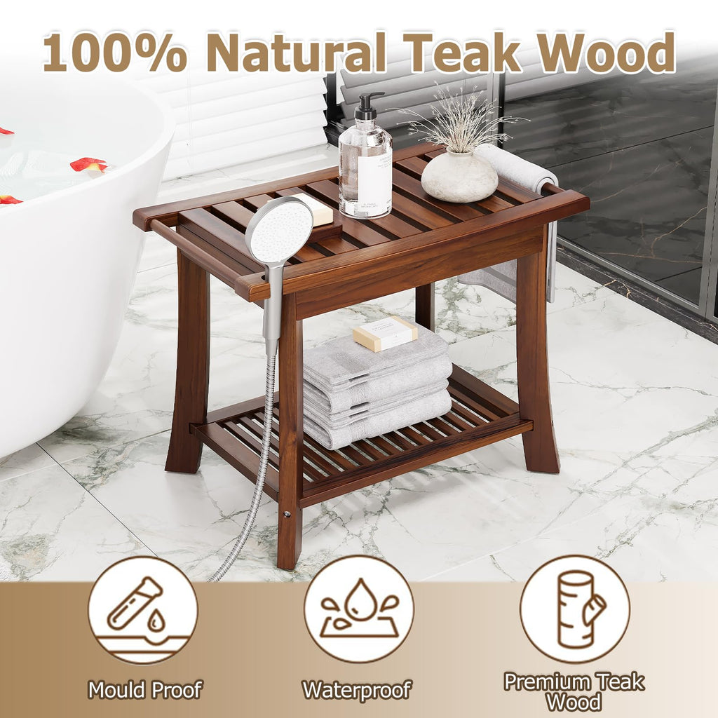 23.6 Inch Teak Shower Bench with Storage Shelf A142785