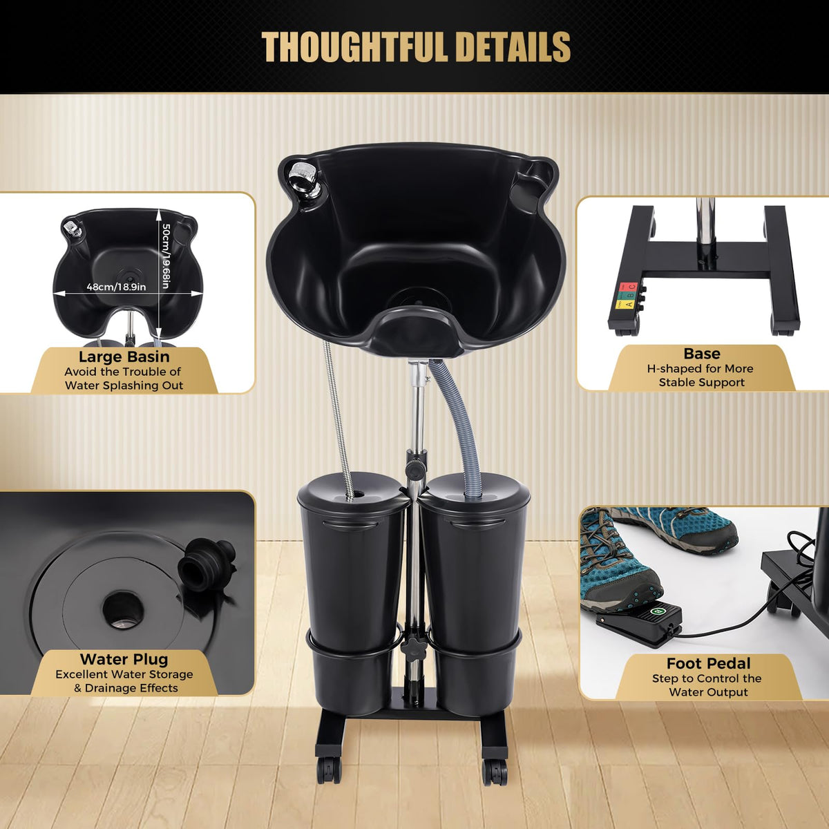 Portable Shampoo Bowl with 2 Buckets, Electric Pump, Drain Hose, 4 Wheels Q2786