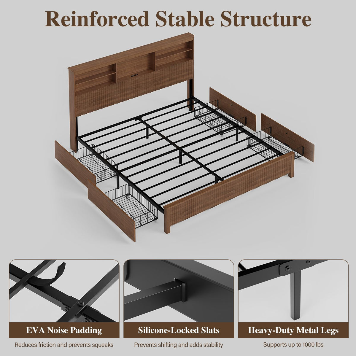 Queen Size Wood Bed Frame with 4 Storage Drawers C724