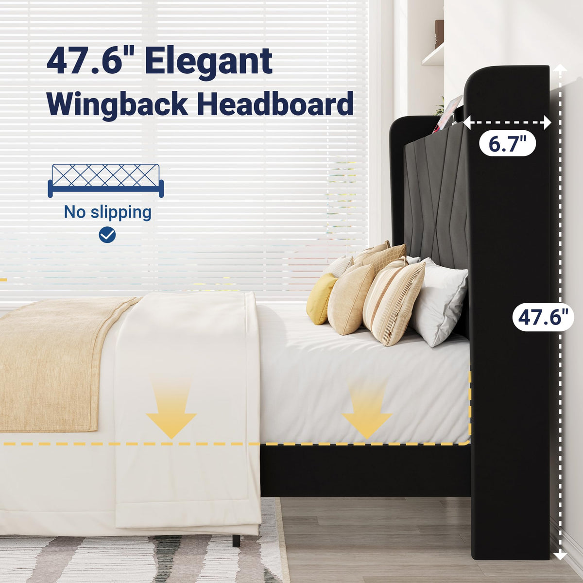 Queen Size Black Velvet Bed Frame with Charging and Shelf Z901697
