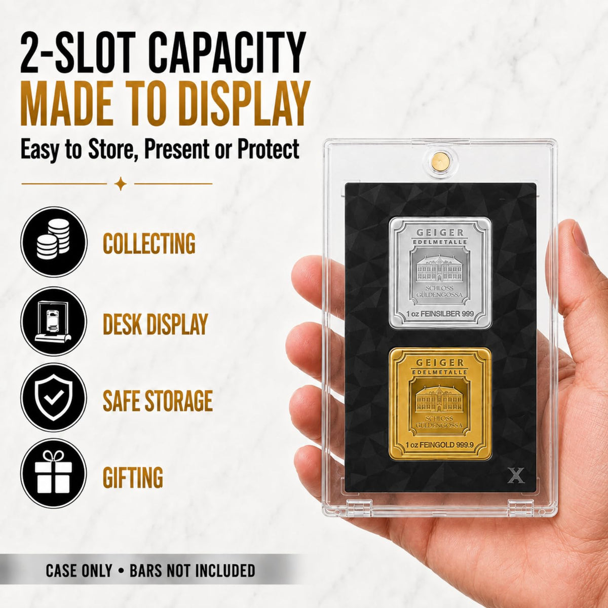 Square Bar Display Case, Magnetic One Touch Bullion Holder, 1 oz (2 Slots) N134