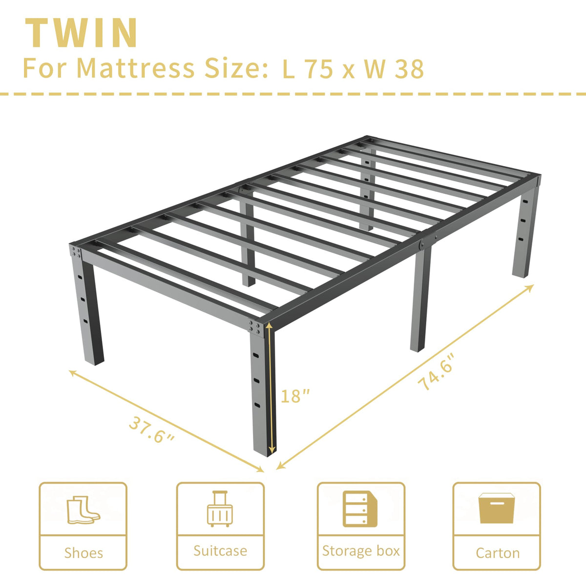 18 Inch Metal Twin Bed Frame Heavy Duty Noise Free P9395