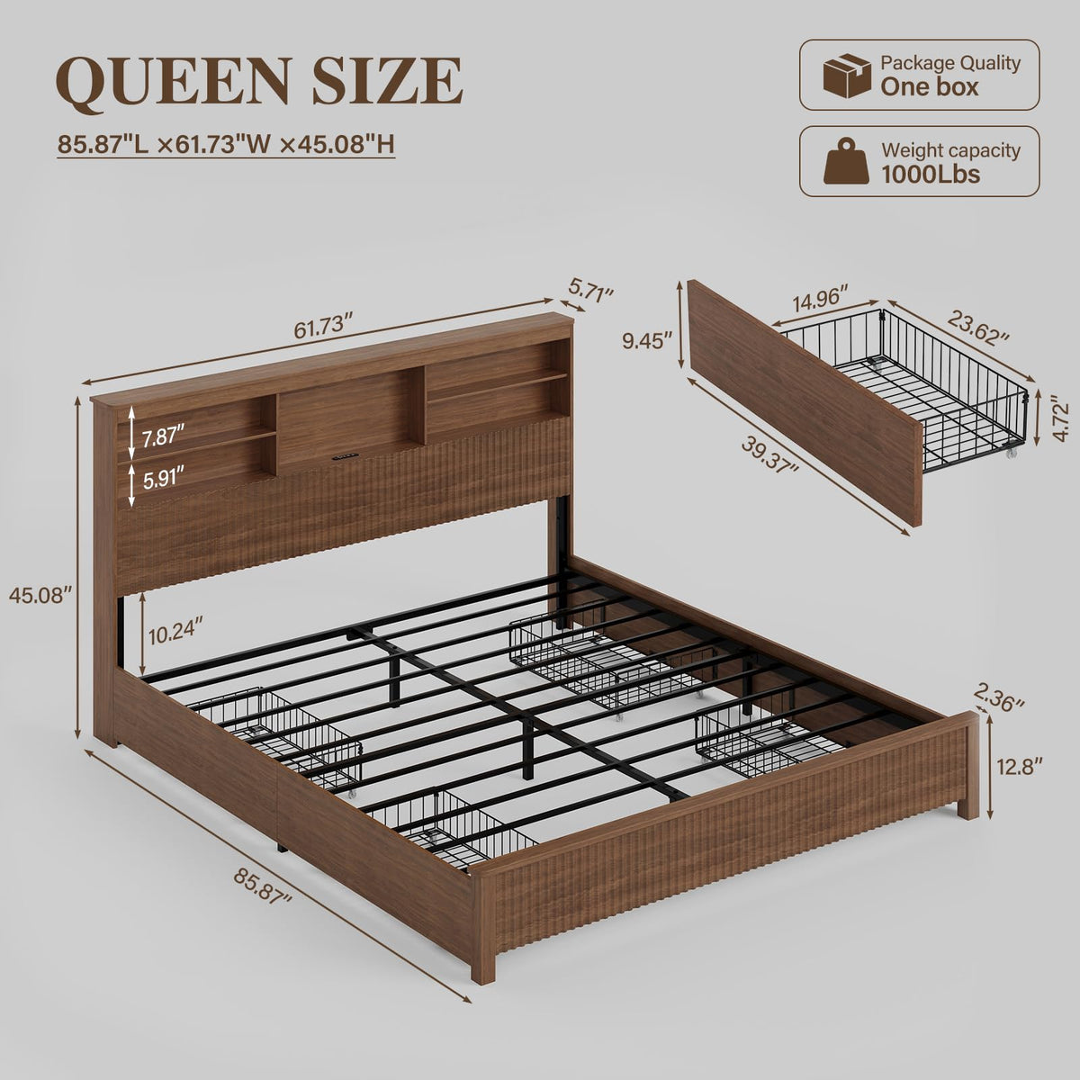 Queen Size Wood Bed Frame with 4 Storage Drawers C724