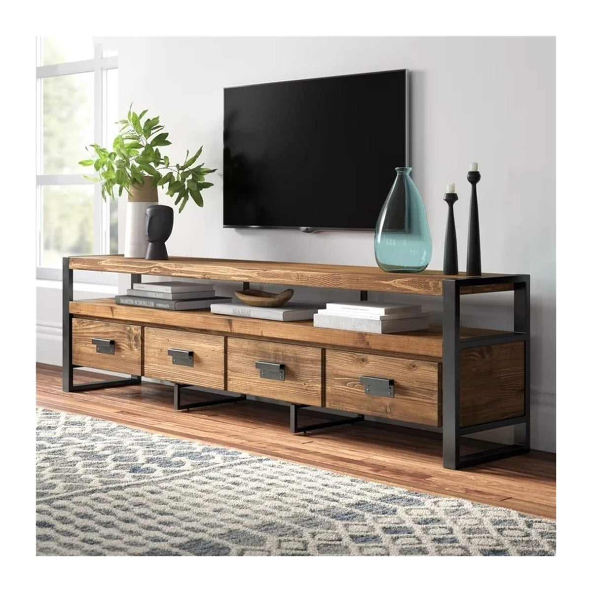 Vintage Pine TV Stand Cabinet with 4 Drawers F180