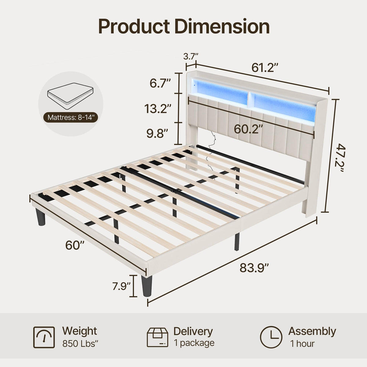 Beige Queen Size Upholstered Platform Bed Frame with Headboard O119166