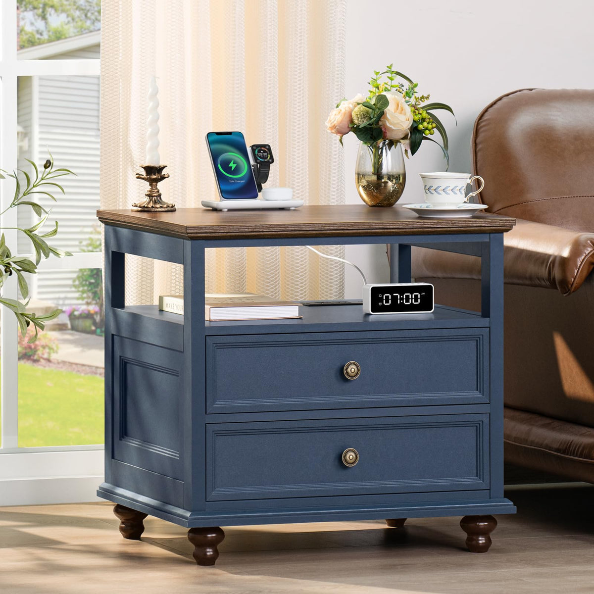 Blue 2 Drawer Wood Nightstand N77825