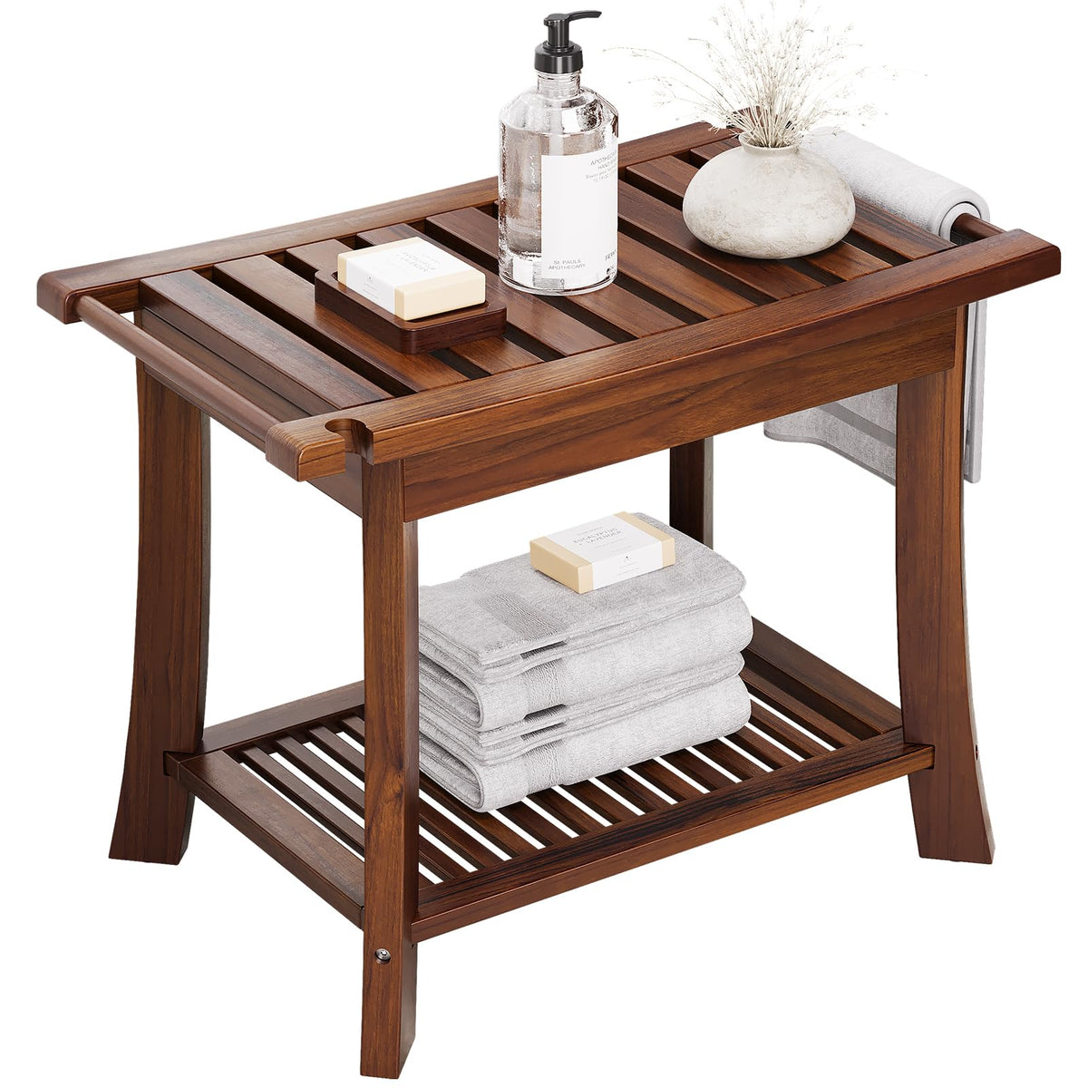 23.6 Inch Teak Shower Bench with Storage Shelf A142785