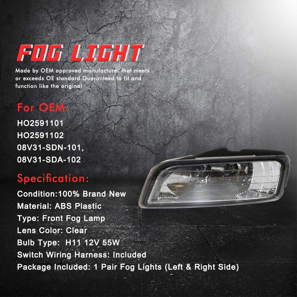 Driving Fog Lights Lamps Replacement with H11 12V 55W Halogen Bulbs & Wiring Harness Kit (Clear Lens) X261
