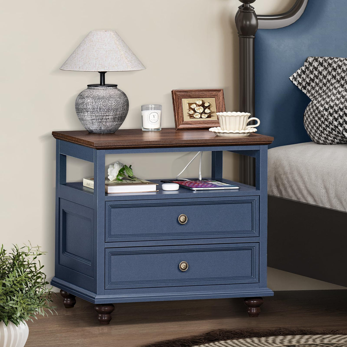Blue 2 Drawer Wood Nightstand N77825