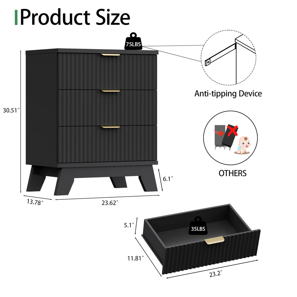 Black 3 Drawer Fluted Nightstand S354309