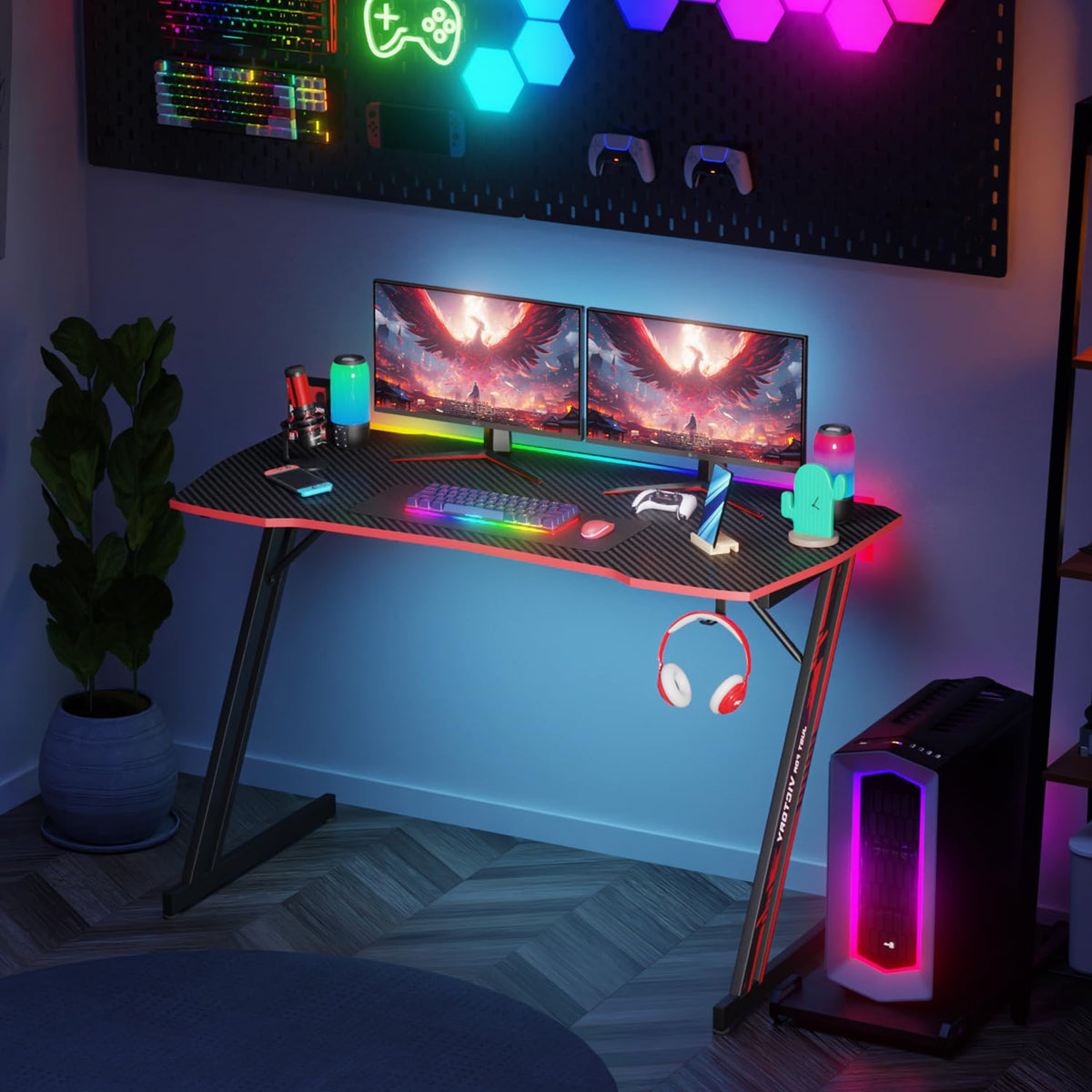 47.2 Inch Z Shaped Carbon Fiber Gaming Desk with Headphone Hook V3992