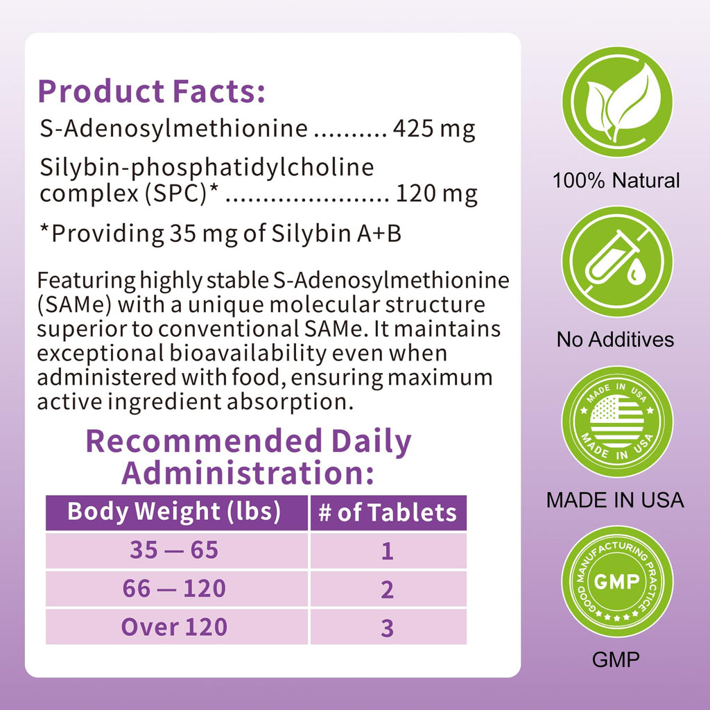Large Dog Liver Support with 425 mg S-Adenosylmethionine & Silybin A+B, 30 Tablets A768794