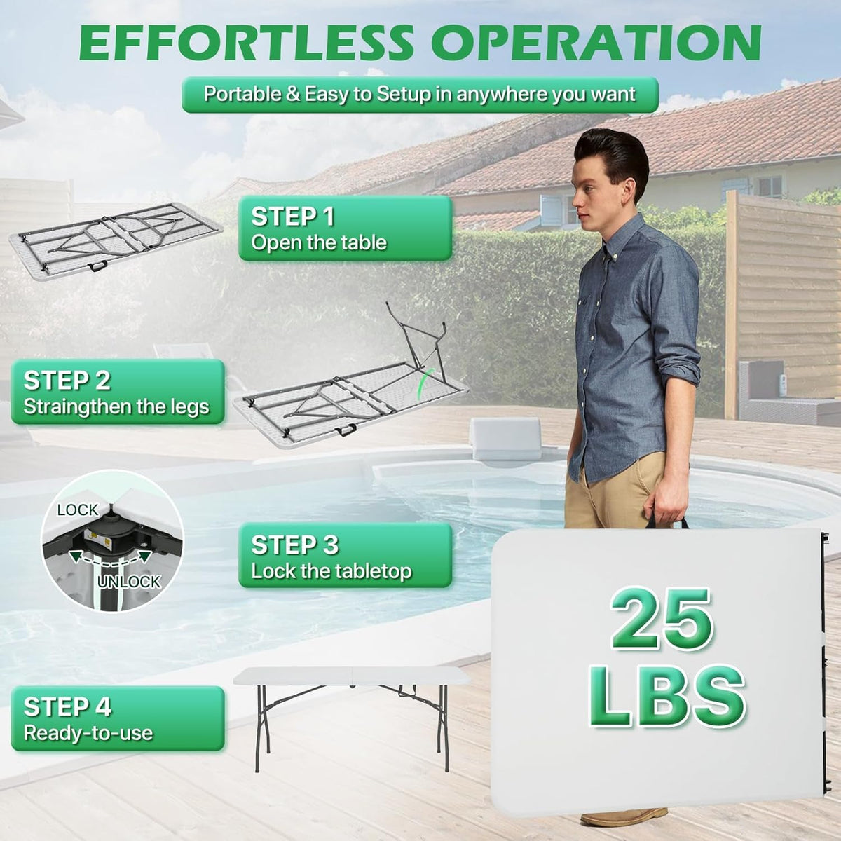 6 Ft White Folding Plastic Table W296