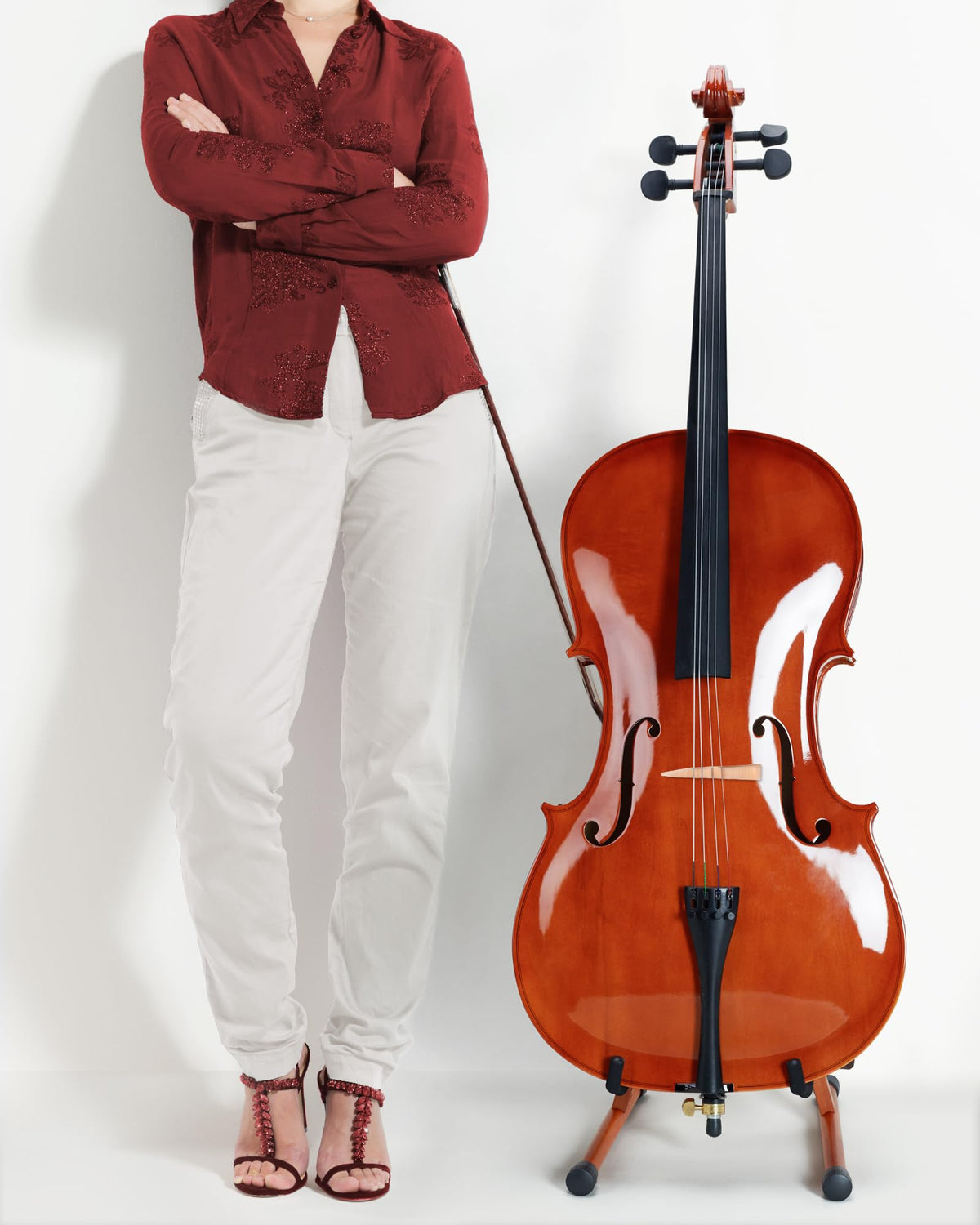 Mahogany Wood A-Shape Cello Stand with Bow Holder D29555