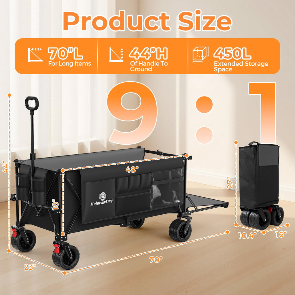 70”L Collapsible Wagon Cart with Big Wheels, Black Q693225