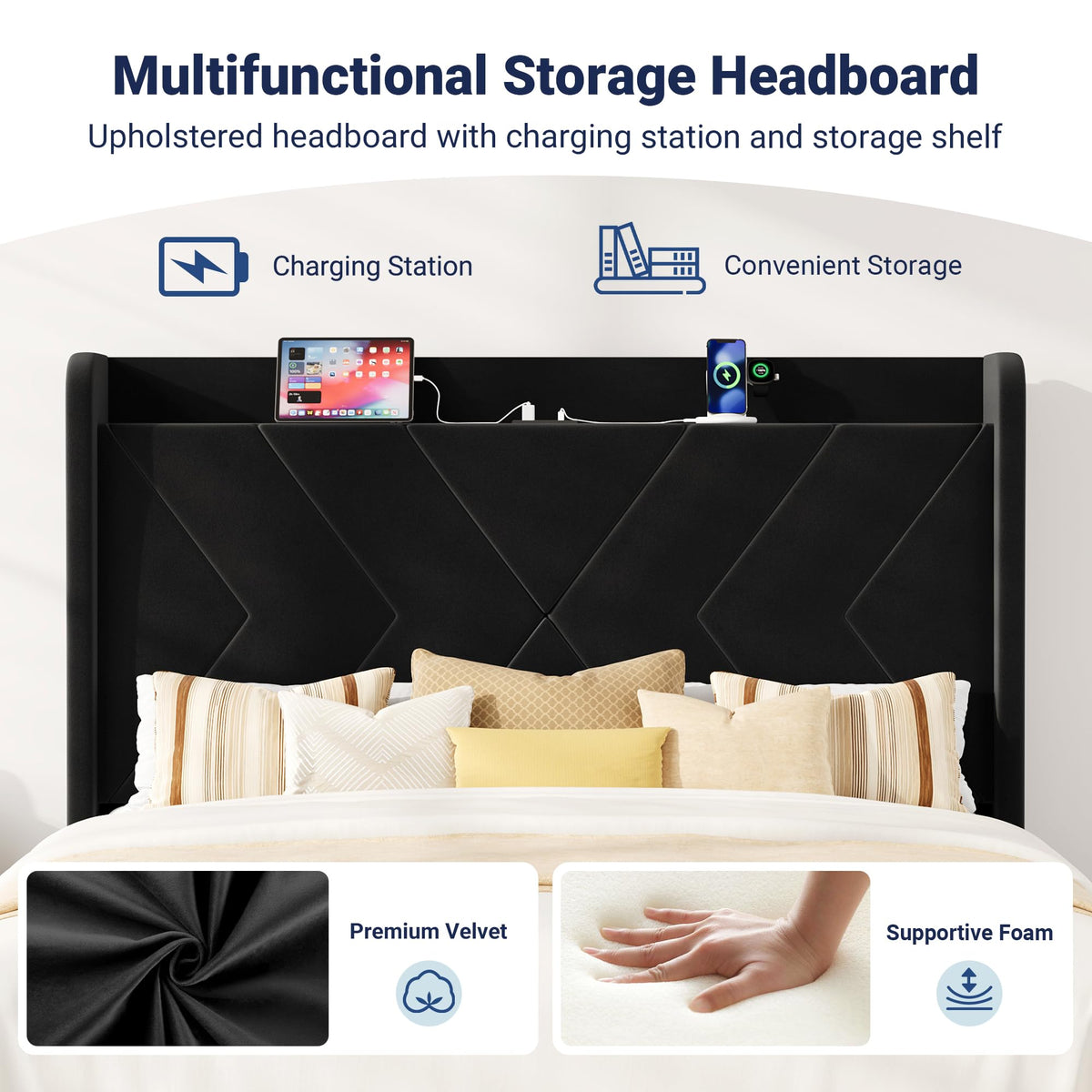 Queen Size Black Velvet Bed Frame with Charging and Shelf Z901697